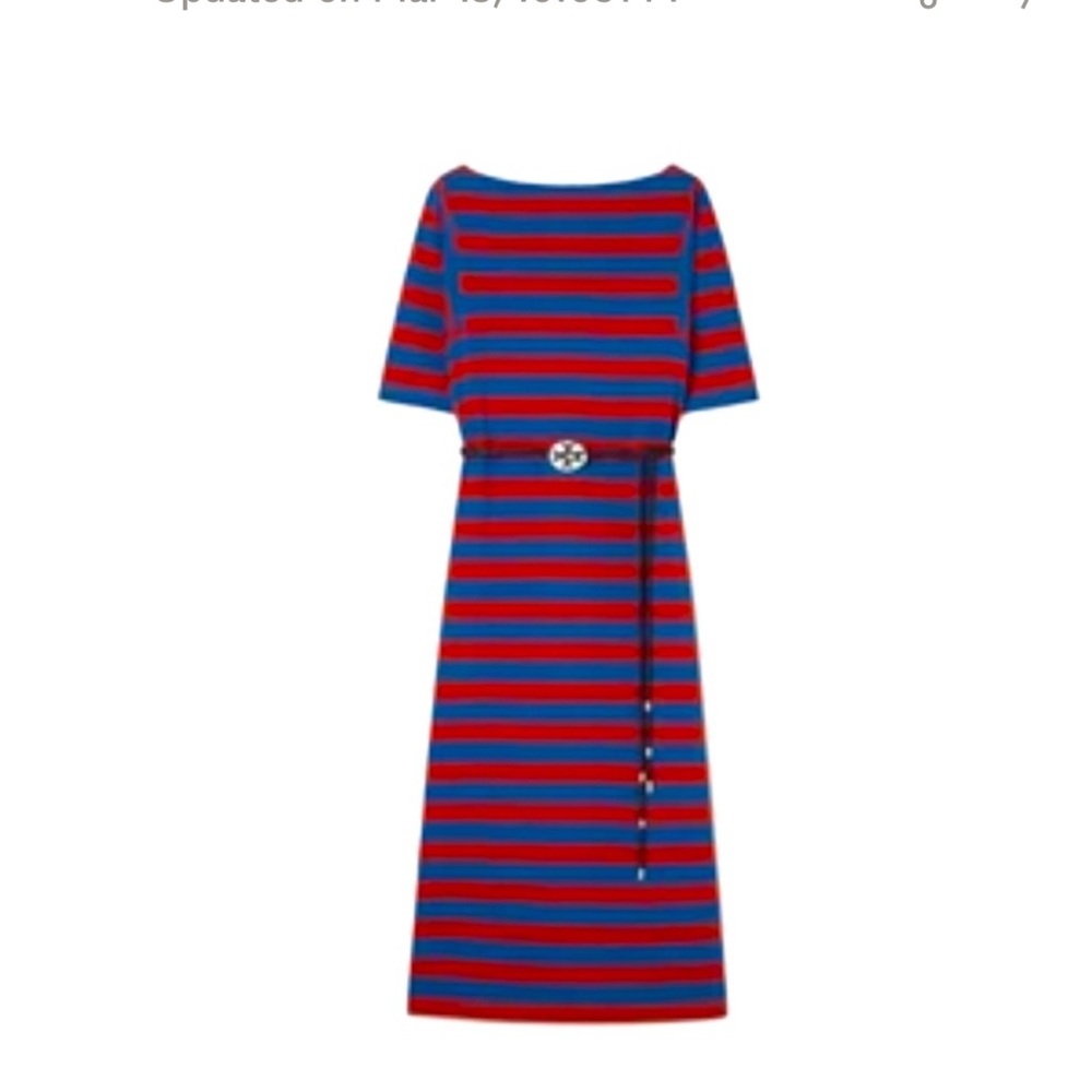 NWT TORY BURCH JERSEY STRIPE DRESS with LOGO Belt Navy/Burgundy Medium MSRP $398